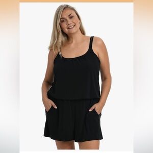 NWT Maxine of Hollywood Womens Romper Black One Piece Swimsuit size 12